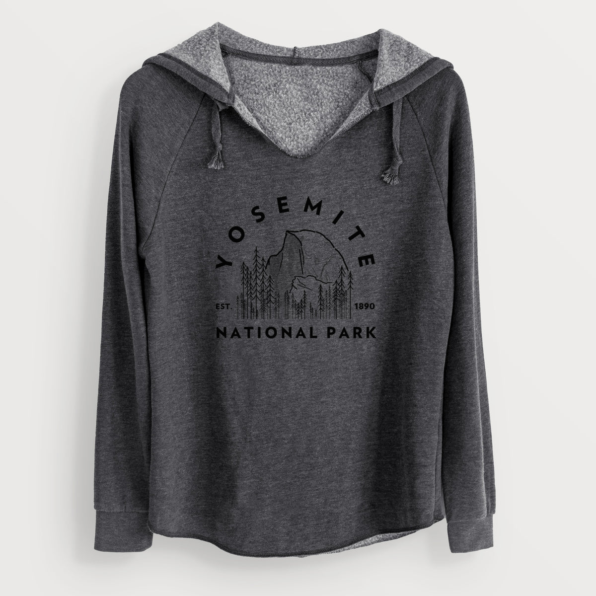 Charcoal grey women's Cali Wave hooded sweatshirt laid flat, printed with a round badge of Half Dome and pine trees, with the words Yosemite National Park, Est. 1890.