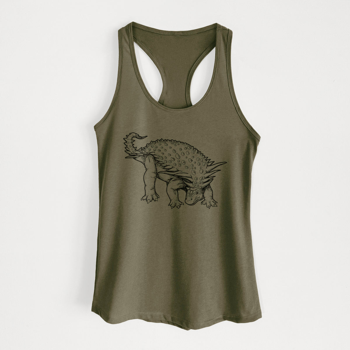 Military green women's racerback tank top laid flat, printed with a black ink illustration of an armored Nodosaurus.