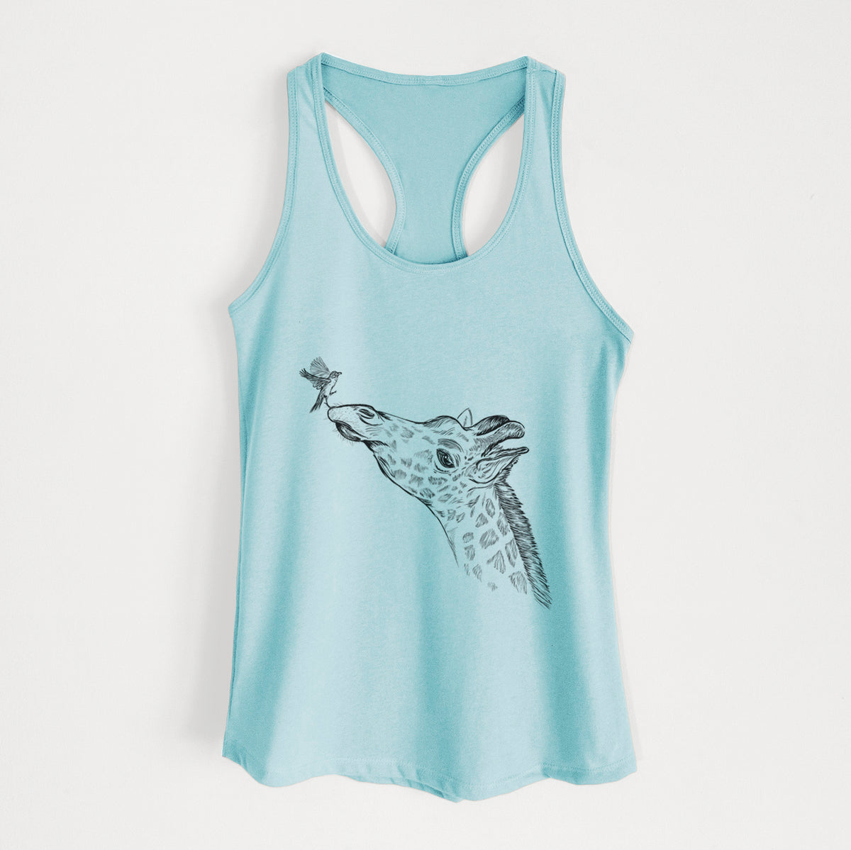 Cancun blue women's racerback tank top laid flat, printed with a black ink illustration of a northern giraffe reaching its head up to nibble a flower.