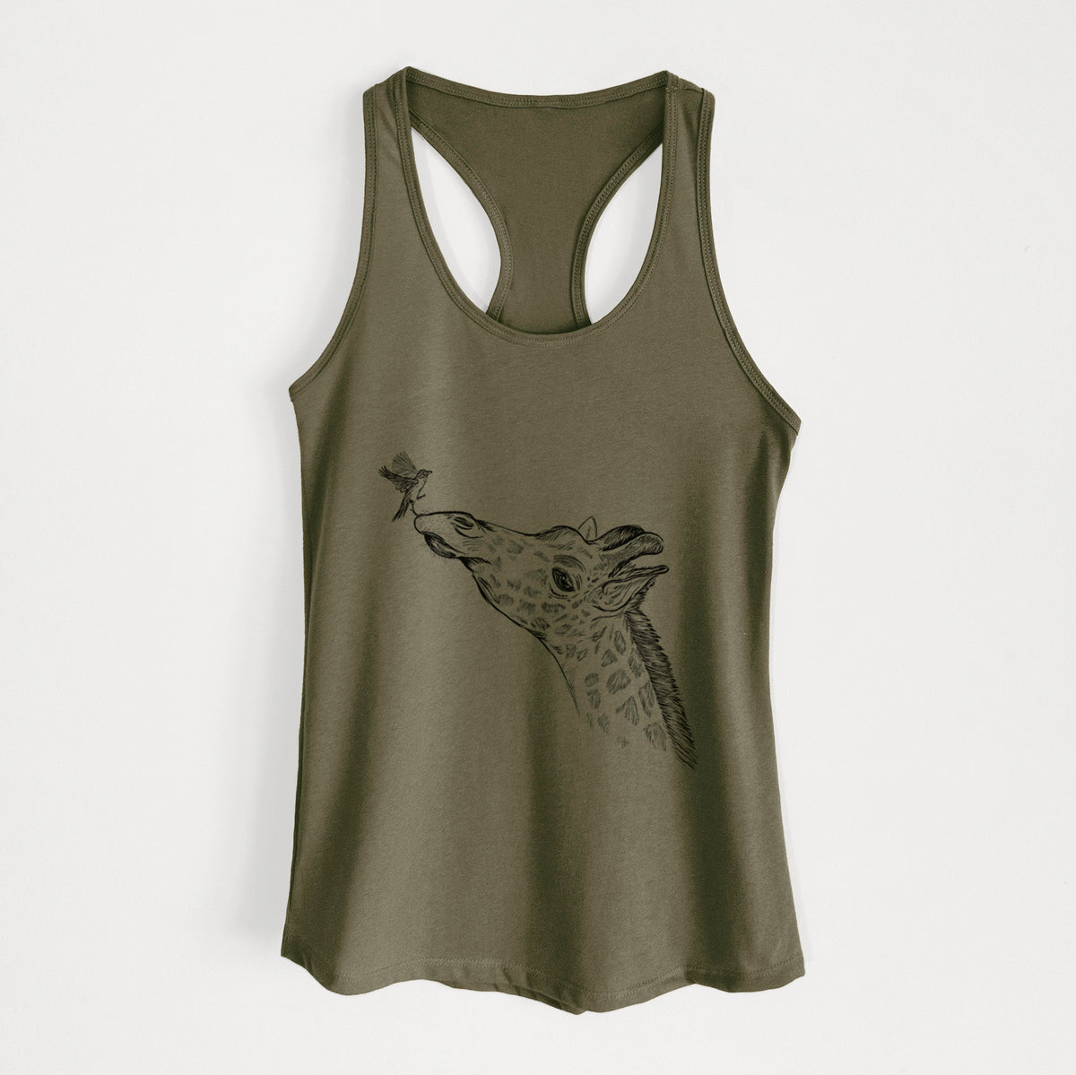 Military green women's racerback tank top laid flat, printed with a black ink illustration of a northern giraffe reaching its head up to nibble a flower.
