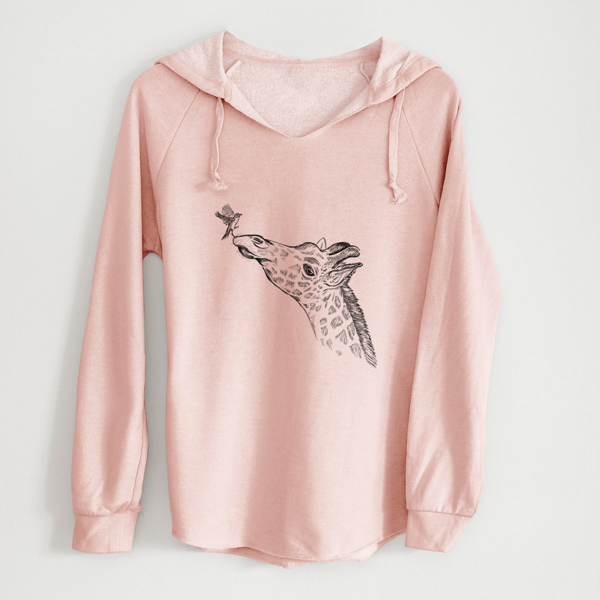 Blush pink women's Cali Wave hooded sweatshirt laid flat, printed with a black ink illustration of a northern giraffe reaching its head up to nibble a flower.