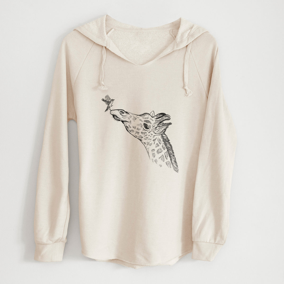 Bone cream women's Cali Wave hooded sweatshirt laid flat, printed with a black ink illustration of a northern giraffe reaching its head up to nibble a flower.