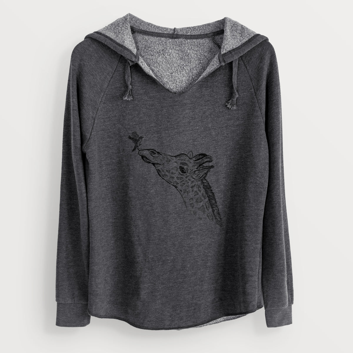 Charcoal grey women's Cali Wave hooded sweatshirt laid flat, printed with a black ink illustration of a northern giraffe reaching its head up to nibble a flower.