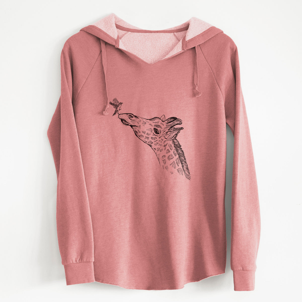 Dusty rose women's Cali Wave hooded sweatshirt laid flat, printed with a black ink illustration of a northern giraffe reaching its head up to nibble a flower.