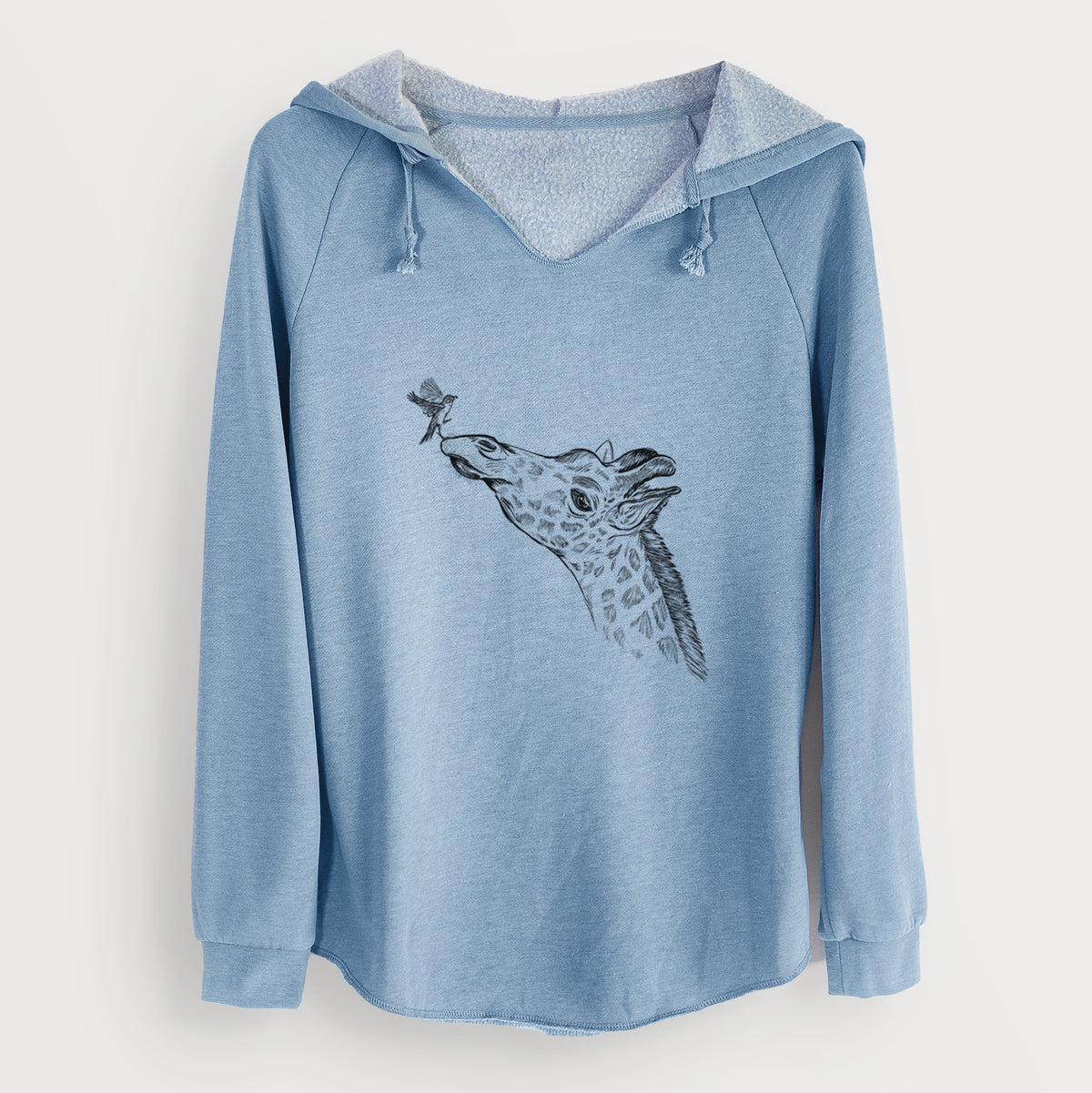 Misty blue women's Cali Wave hooded sweatshirt laid flat, printed with a black ink illustration of a northern giraffe reaching its head up to nibble a flower.