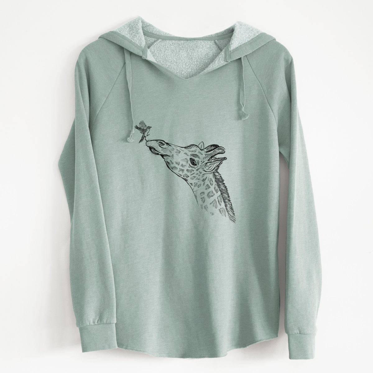 Sage green women's Cali Wave hooded sweatshirt laid flat, printed with a black ink illustration of a northern giraffe reaching its head up to nibble a flower.