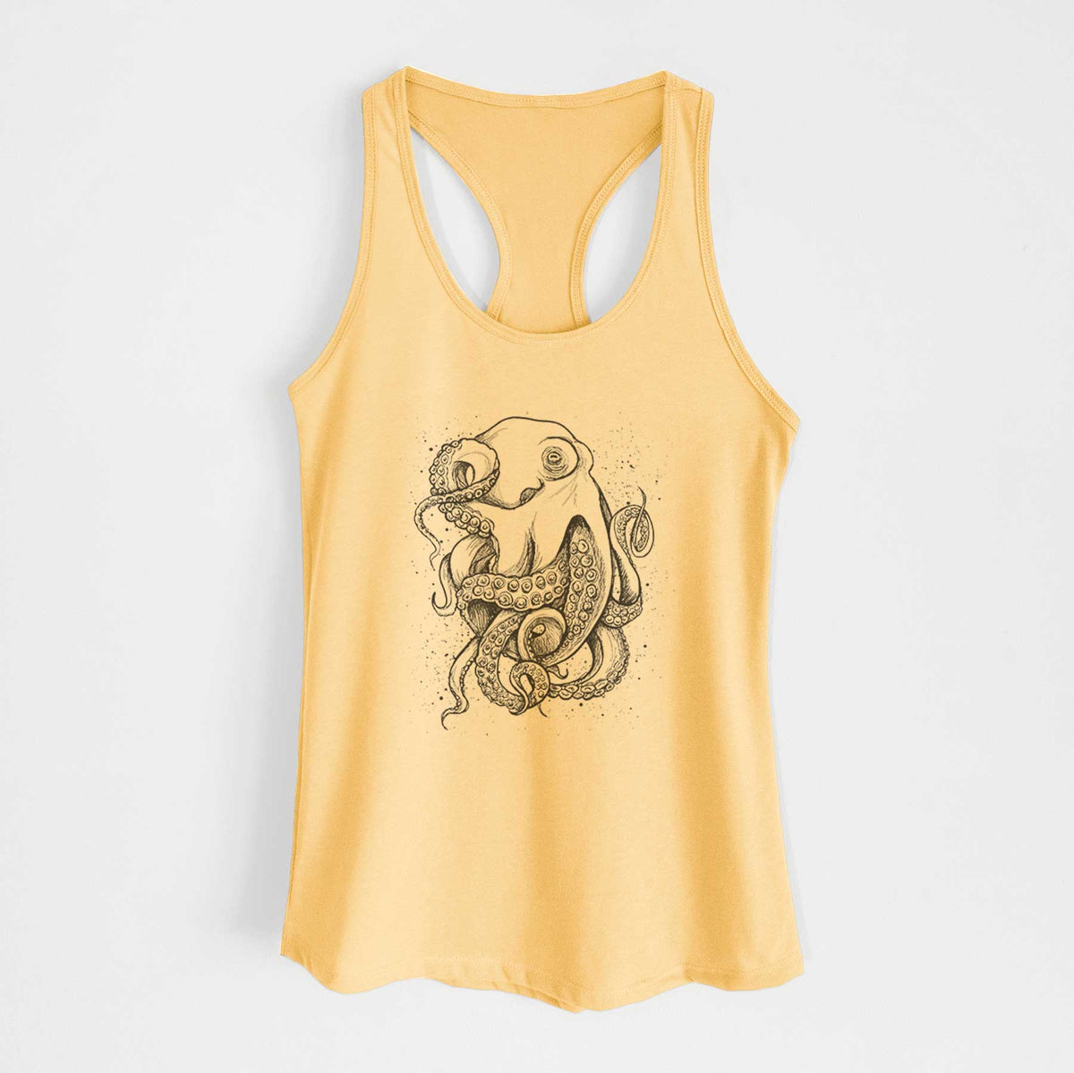 Banana cream women's racerback tank top laid flat, printed with a detailed black ink illustration of a common octopus with curling tentacles.