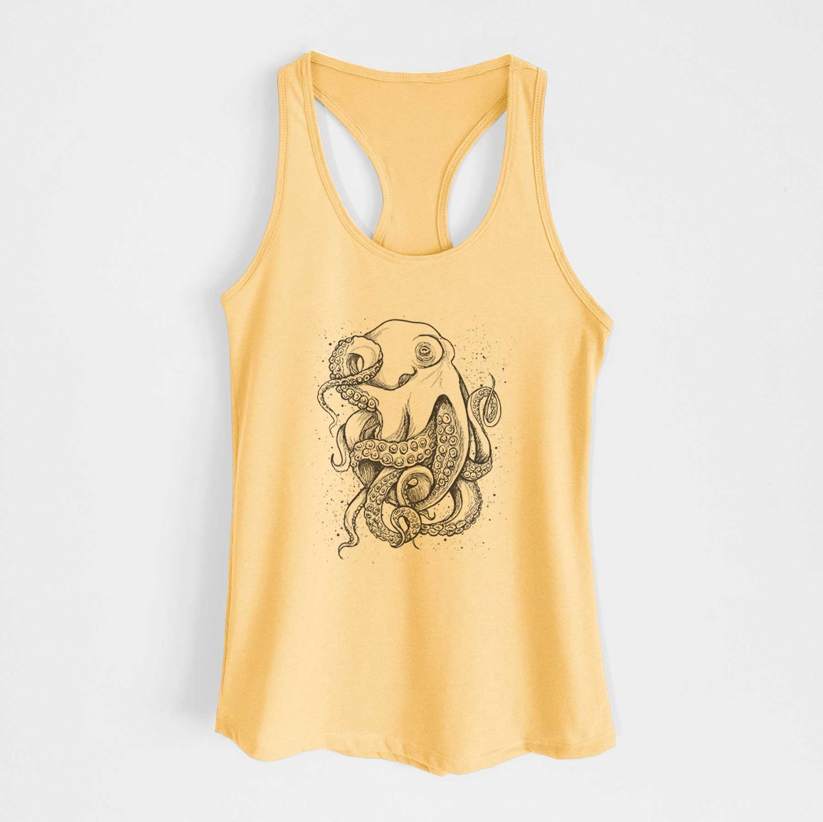 Banana cream women's racerback tank top laid flat, printed with a detailed black ink illustration of a common octopus with curling tentacles.