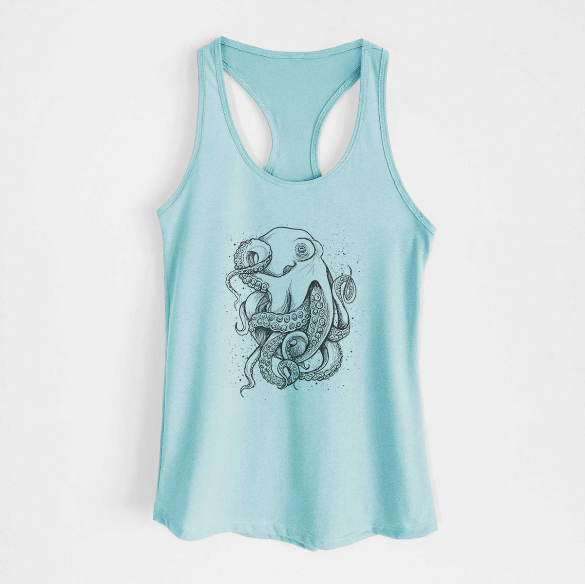 Cancun blue women's racerback tank top laid flat, printed with a detailed black ink illustration of a common octopus with curling tentacles.