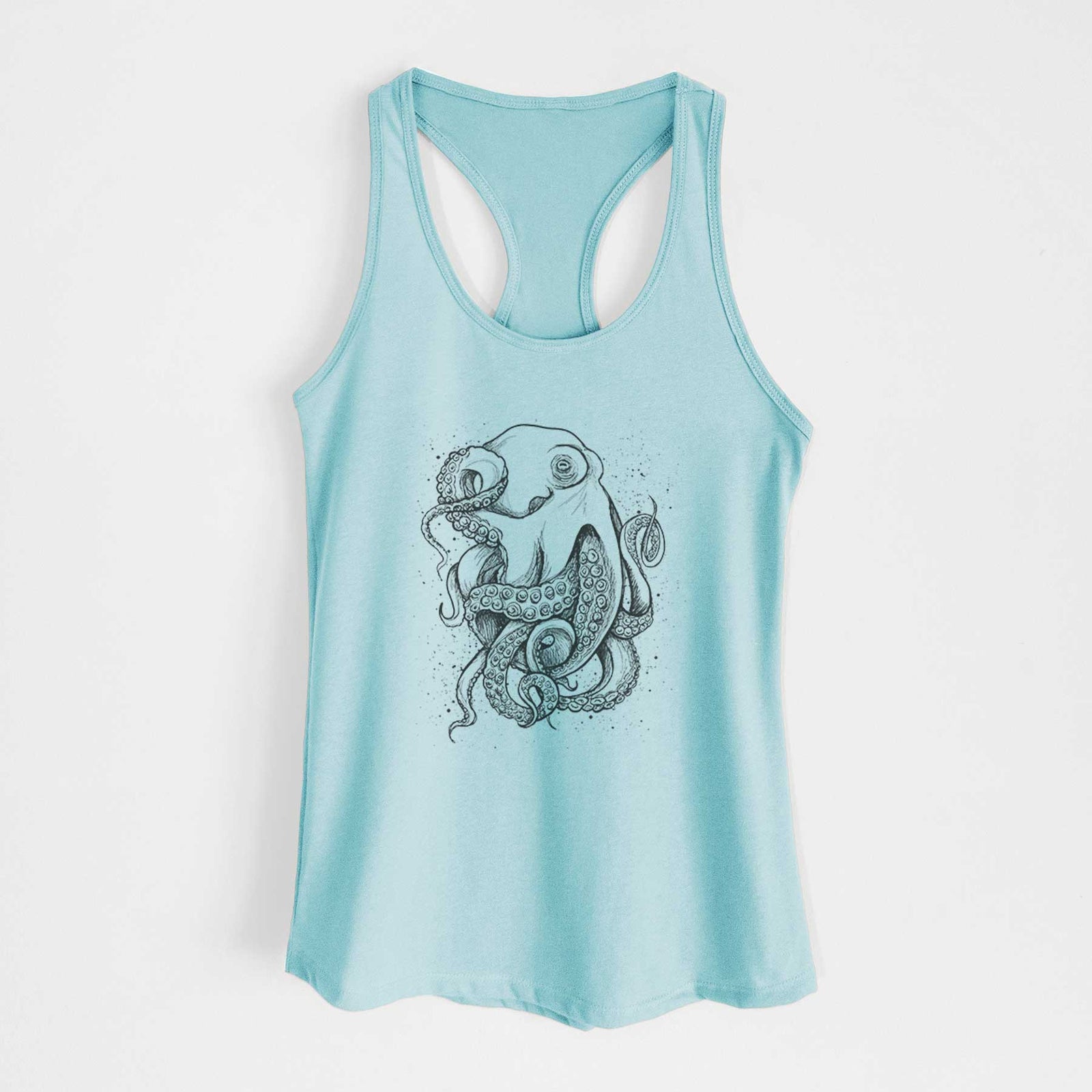 Banana cream women's racerback tank top laid flat, printed with a detailed black ink illustration of a common octopus with curling tentacles.