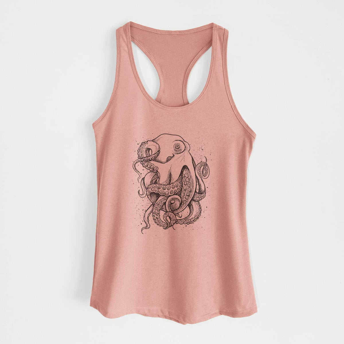 Desert pink women's racerback tank top laid flat, printed with a detailed black ink illustration of a common octopus with curling tentacles.