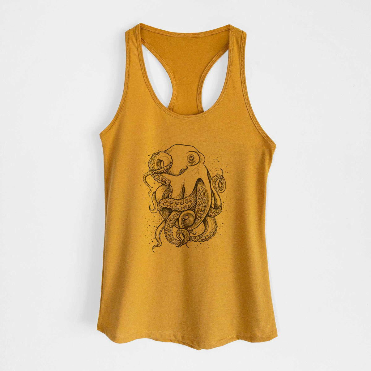 Gold women's racerback tank top laid flat, printed with a detailed black ink illustration of a common octopus with curling tentacles.