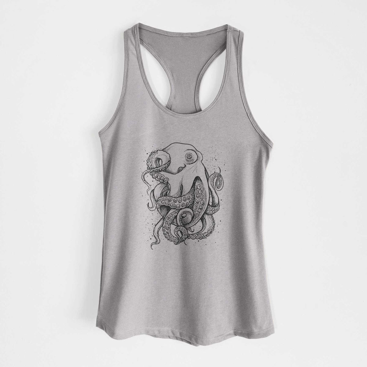 Heather grey women's racerback tank top laid flat, printed with a detailed black ink illustration of a common octopus with curling tentacles.