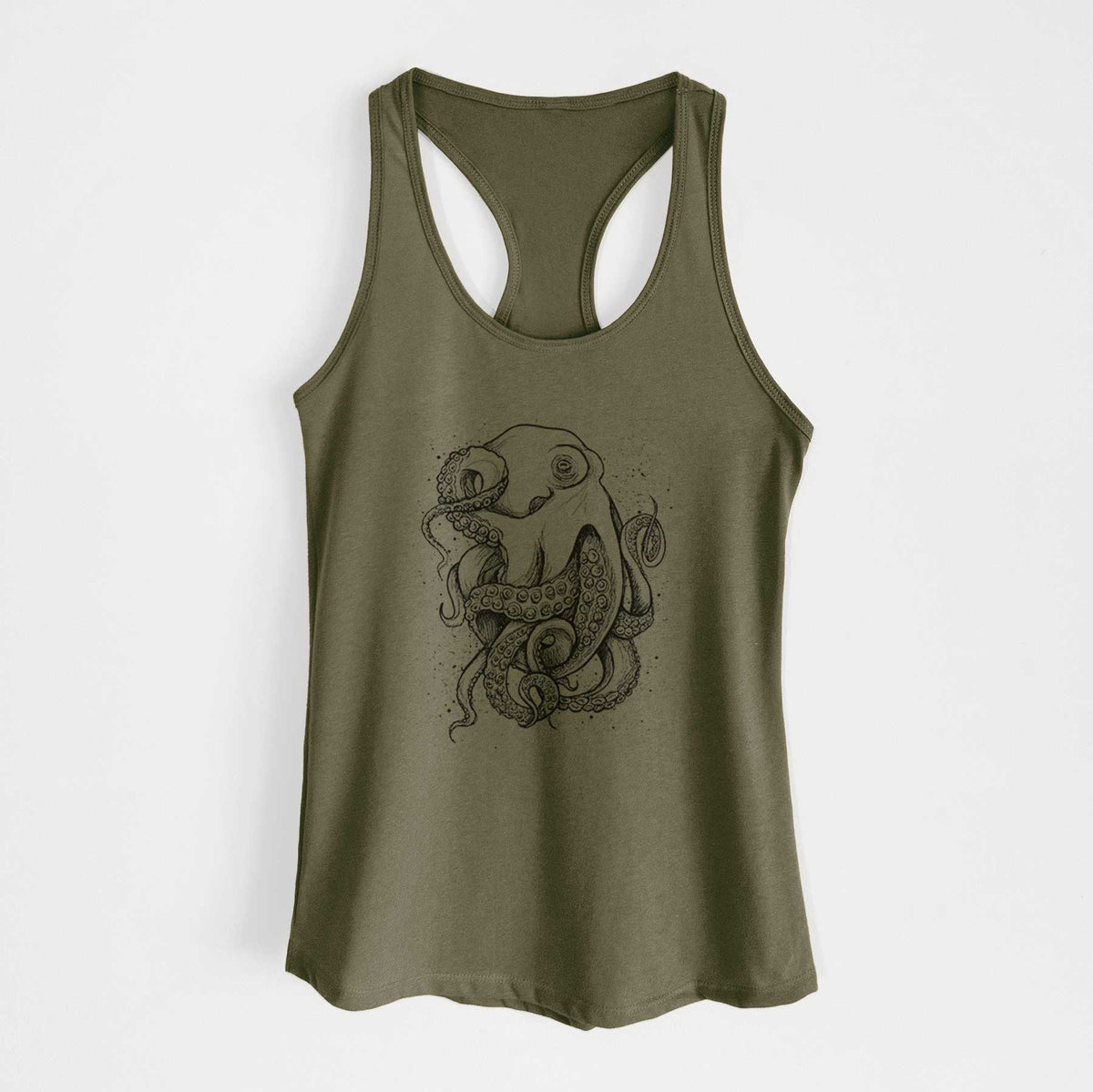Military green women's racerback tank top laid flat, printed with a detailed black ink illustration of a common octopus with curling tentacles.
