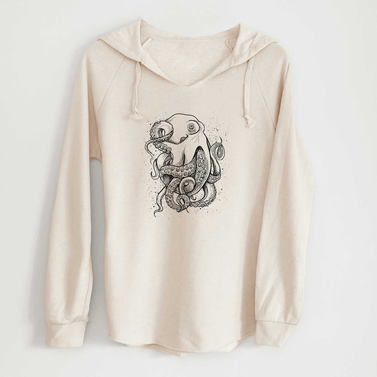 Bone cream women's Cali Wave hooded sweatshirt laid flat, printed with a detailed black ink illustration of a common octopus with curling tentacles.