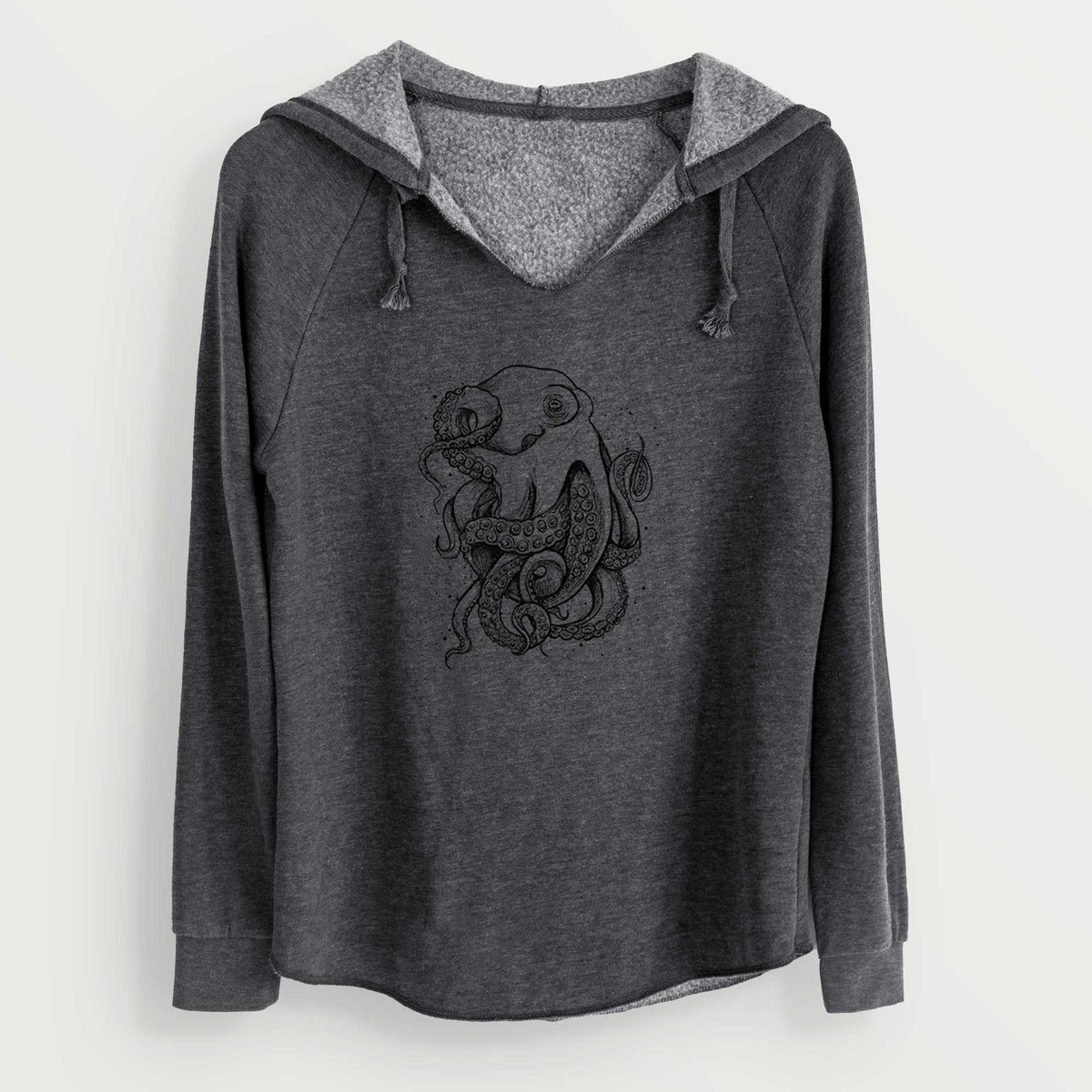 Charcoal grey women's Cali Wave hooded sweatshirt laid flat, printed with a detailed black ink illustration of a common octopus with curling tentacles.