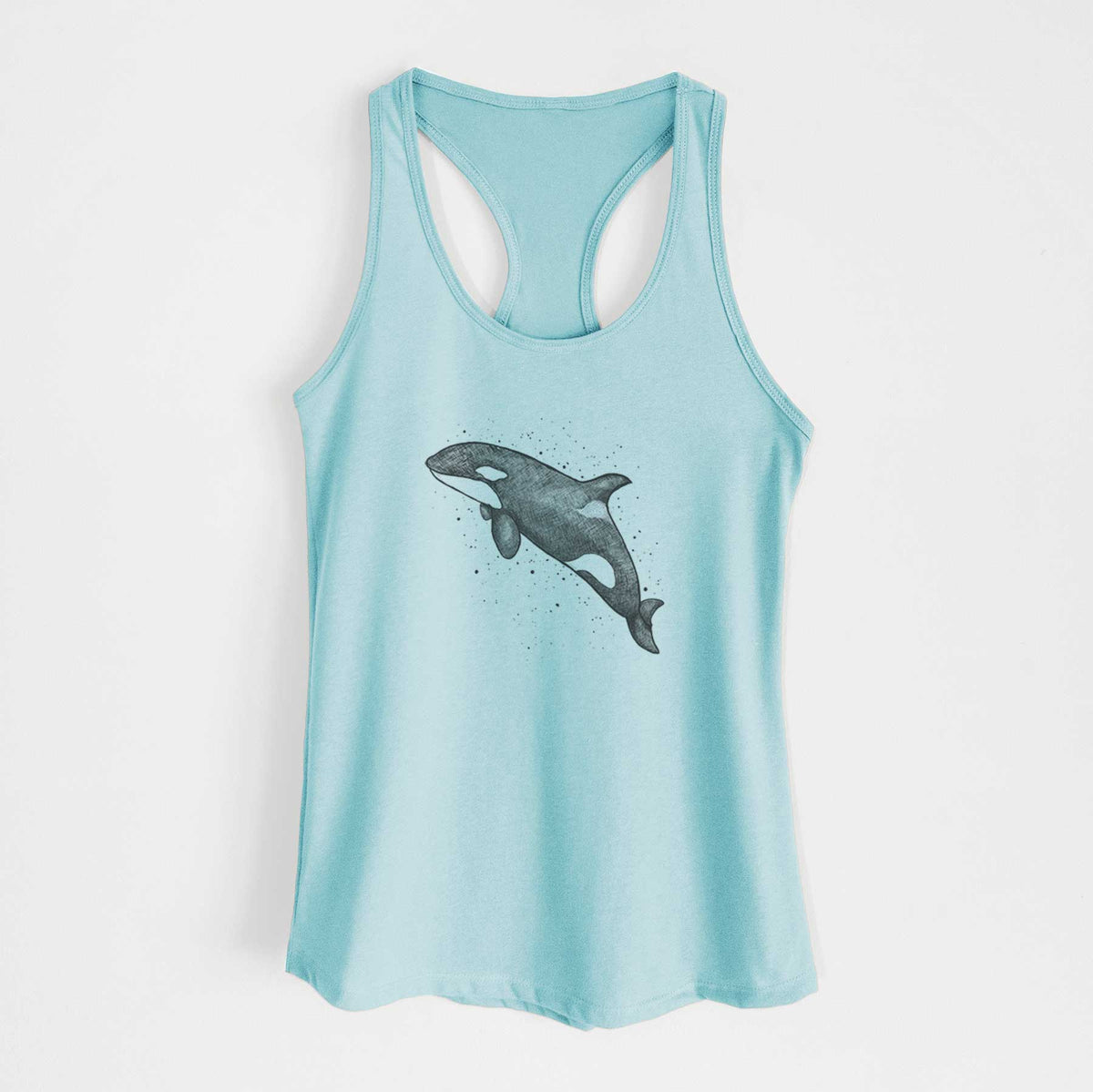 Cancun blue women's racerback tank top laid flat, printed with a black ink illustration of an orca leaping, with ink splatters.