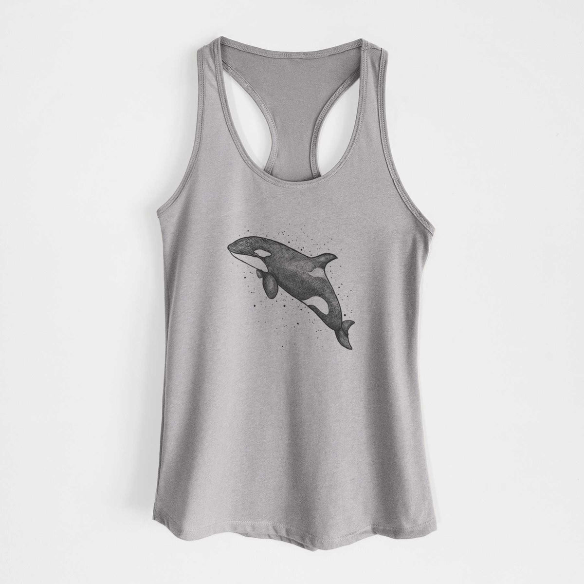 Heather grey women's racerback tank top laid flat, printed with a black ink illustration of an orca leaping, with ink splatters.