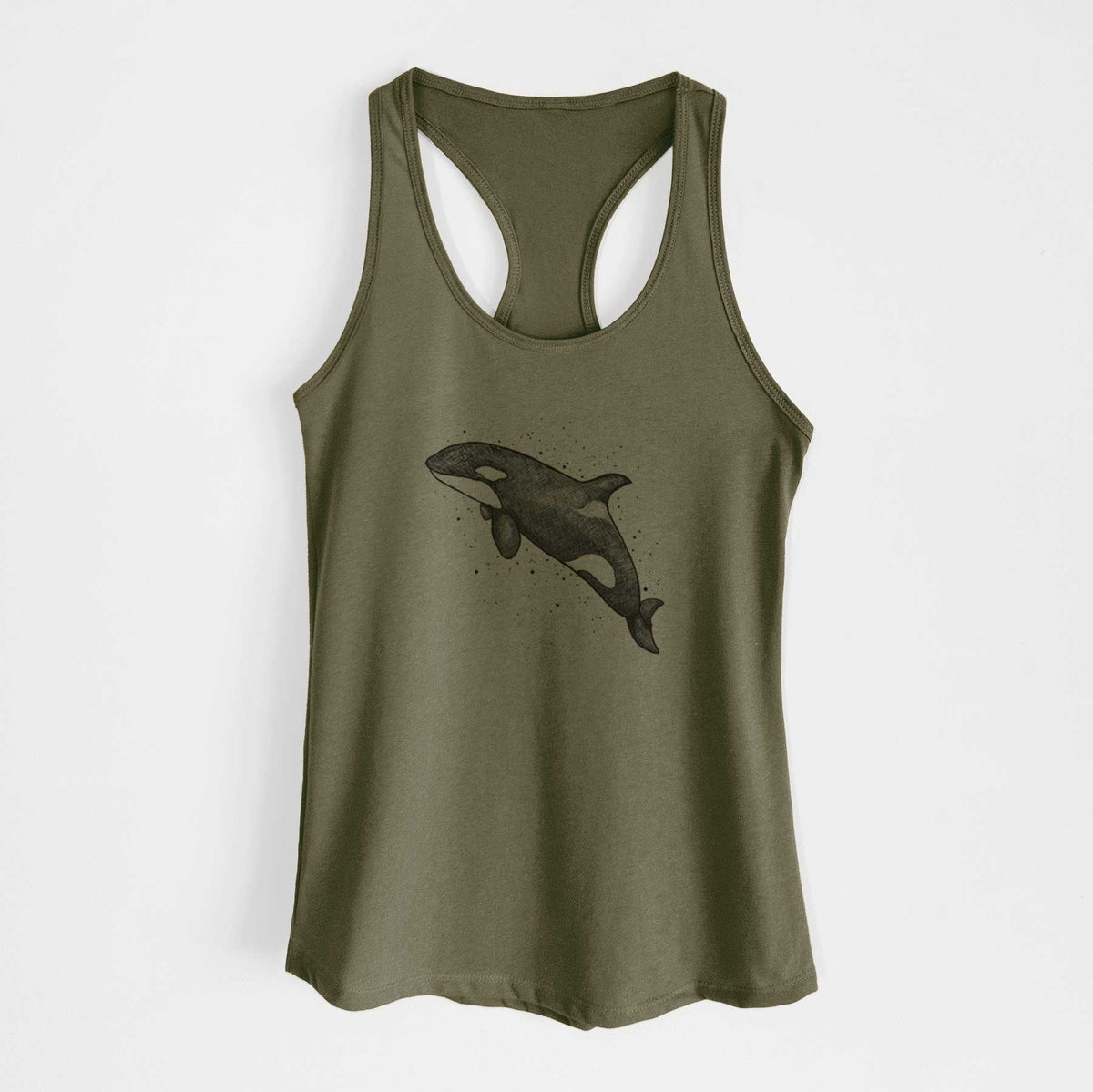 Military green women's racerback tank top laid flat, printed with a black ink illustration of an orca leaping, with ink splatters.