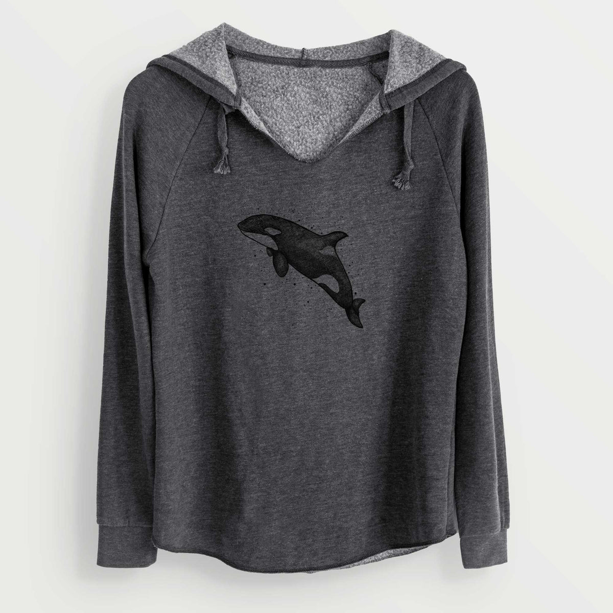 Charcoal grey women's Cali Wave hooded sweatshirt laid flat, printed with a black ink illustration of an orca leaping, with ink splatters.