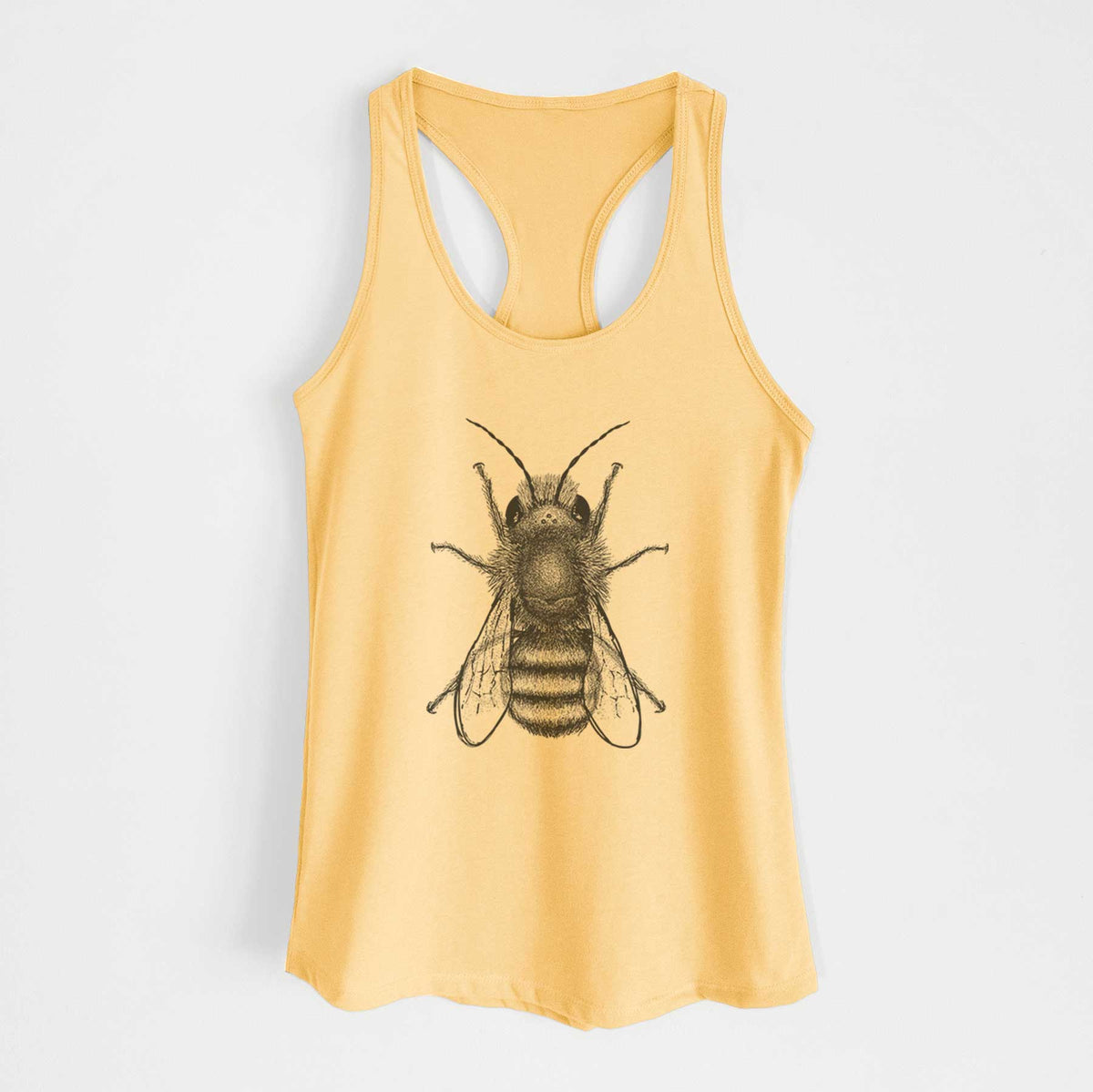 Banana cream women's racerback tank top laid flat, printed with a detailed black ink illustration of a red mason bee with its wings spread, seen from above.