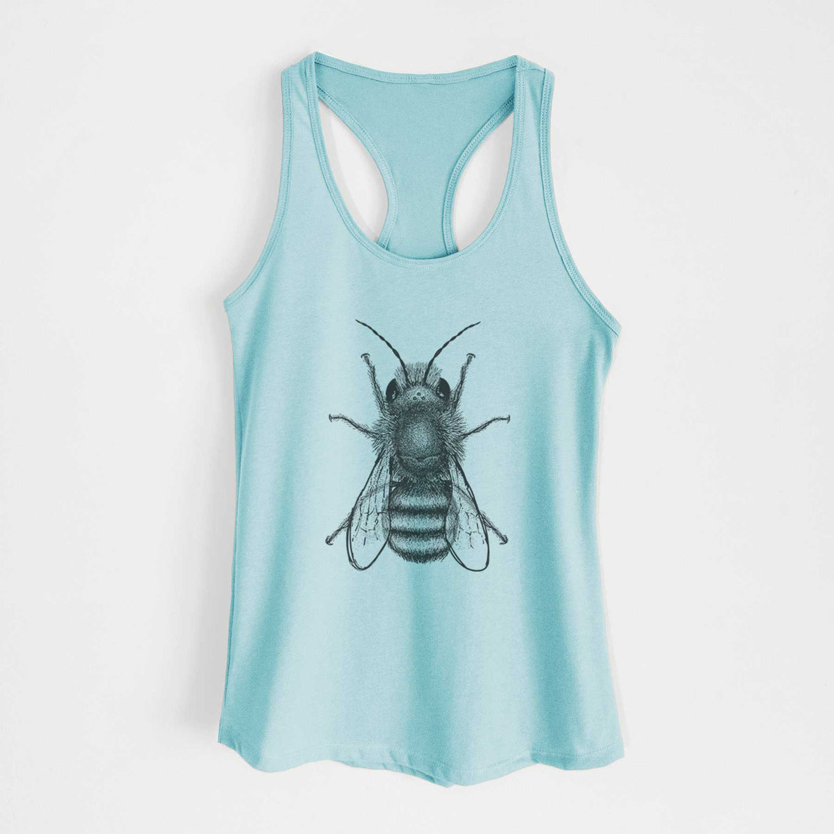 Cancun blue women's racerback tank top laid flat, printed with a detailed black ink illustration of a red mason bee with its wings spread, seen from above.
