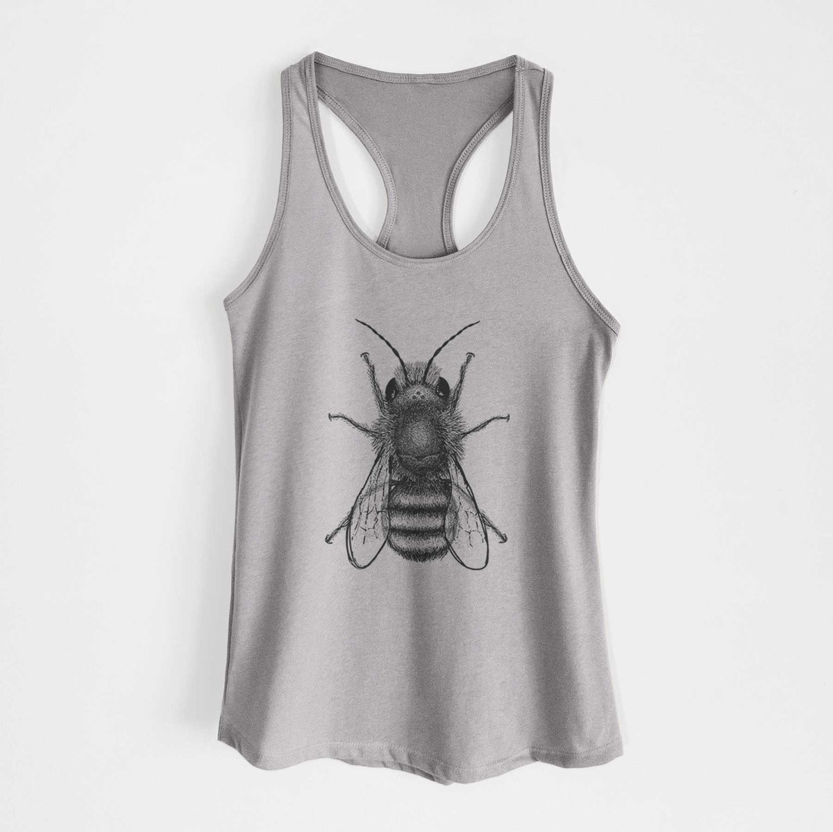 Heather grey women's racerback tank top laid flat, printed with a detailed black ink illustration of a red mason bee with its wings spread, seen from above.