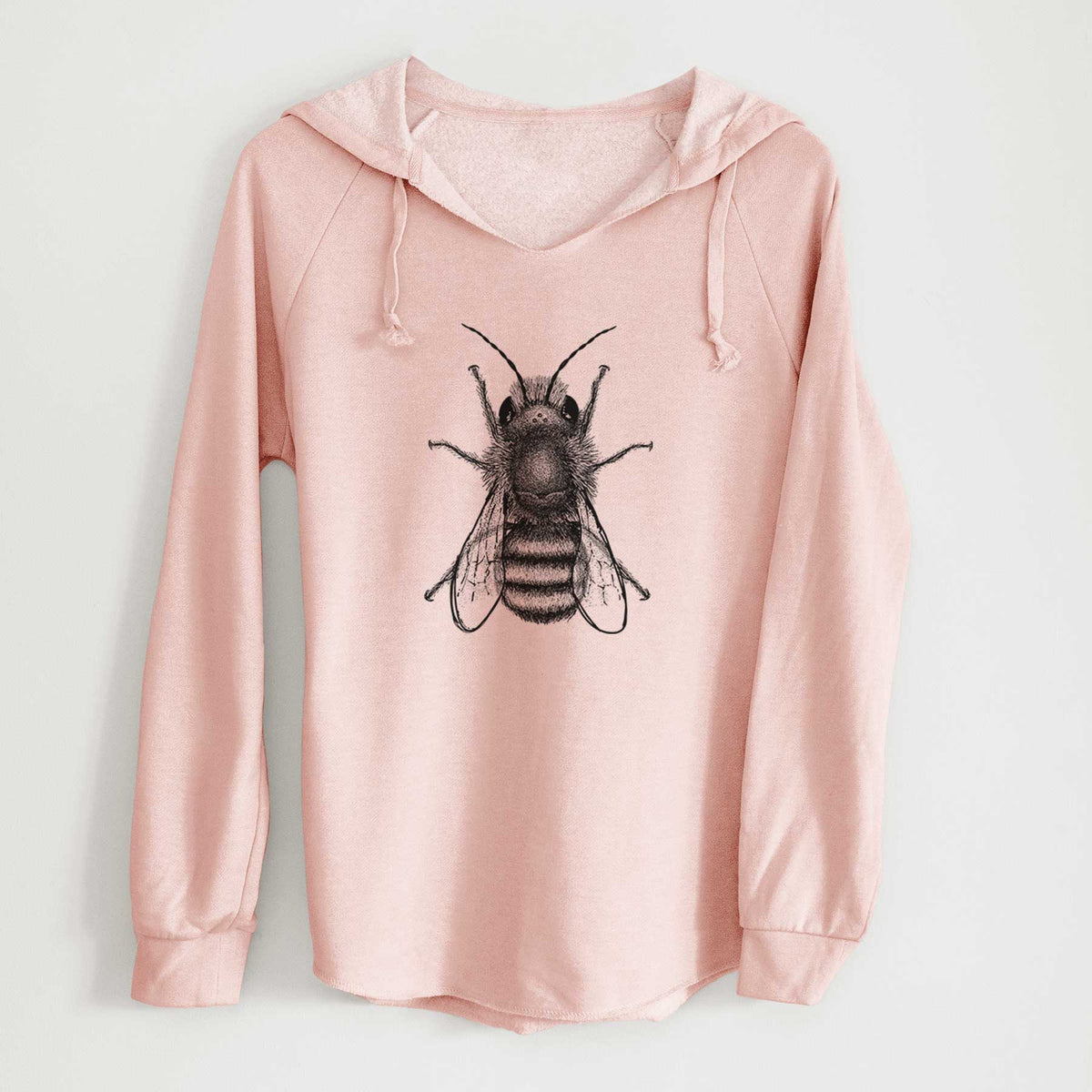 Blush pink women's Cali Wave hooded sweatshirt laid flat, printed with a detailed black ink illustration of a red mason bee with its wings spread, seen from above.