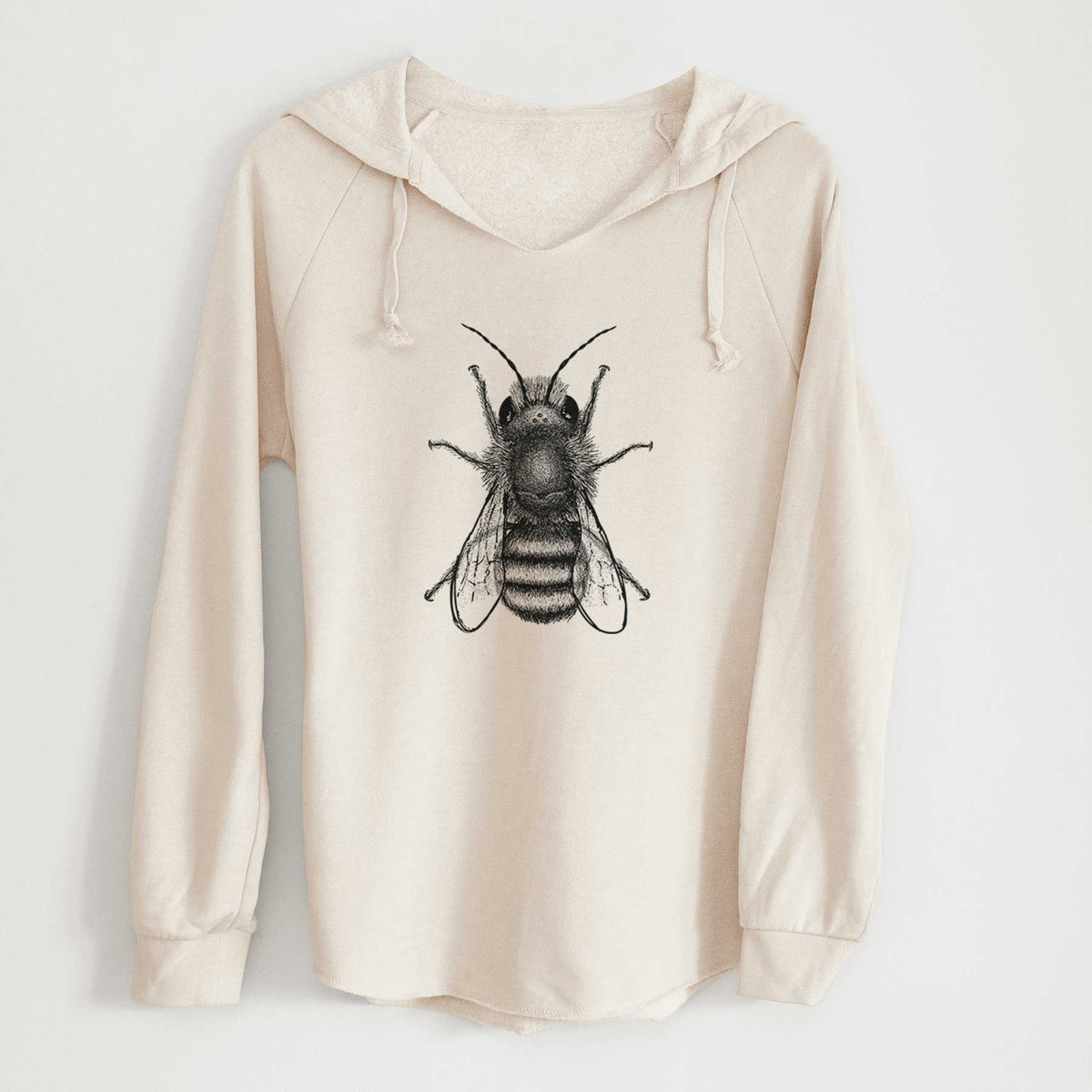 Bone cream women's Cali Wave hooded sweatshirt laid flat, printed with a detailed black ink illustration of a red mason bee with its wings spread, seen from above.