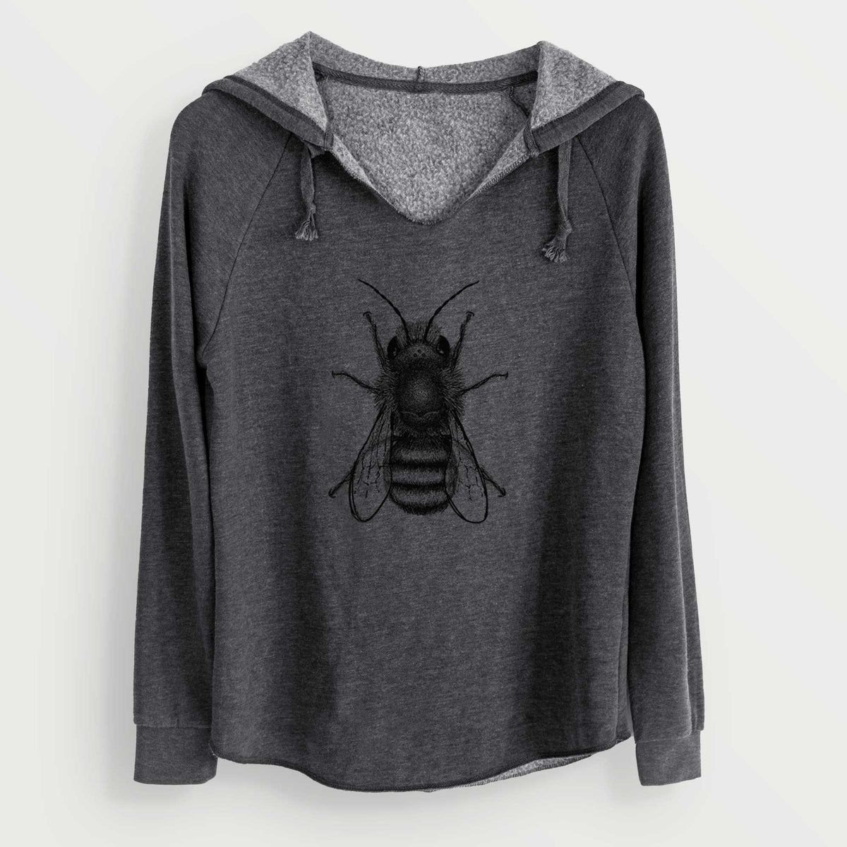 Charcoal grey women's Cali Wave hooded sweatshirt laid flat, printed with a detailed black ink illustration of a red mason bee with its wings spread, seen from above.