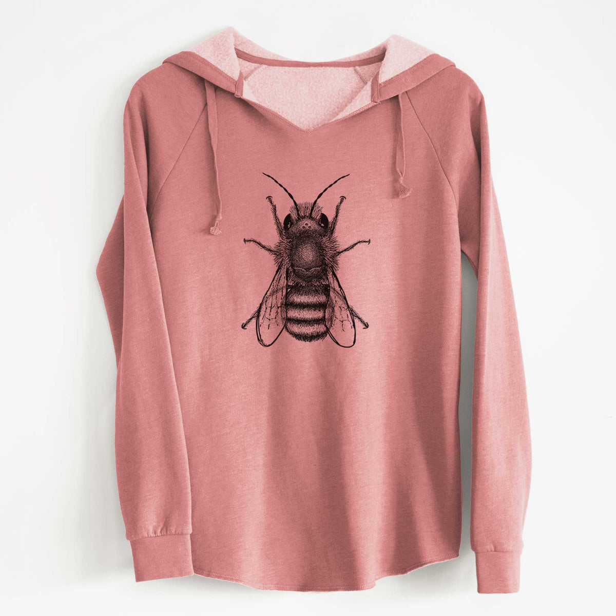 Dusty rose women's Cali Wave hooded sweatshirt laid flat, printed with a detailed black ink illustration of a red mason bee with its wings spread, seen from above.