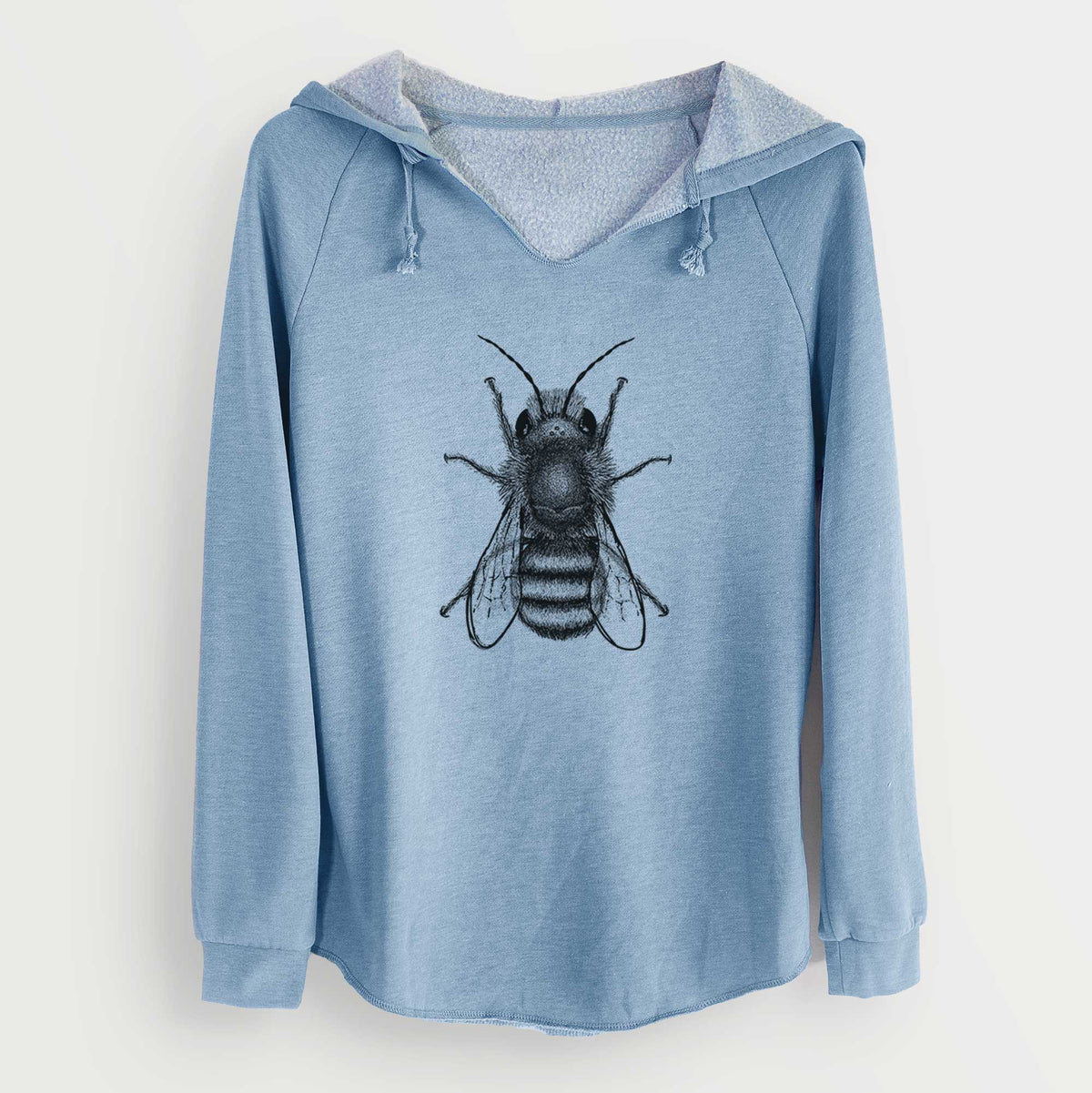 Misty blue women's Cali Wave hooded sweatshirt laid flat, printed with a detailed black ink illustration of a red mason bee with its wings spread, seen from above.