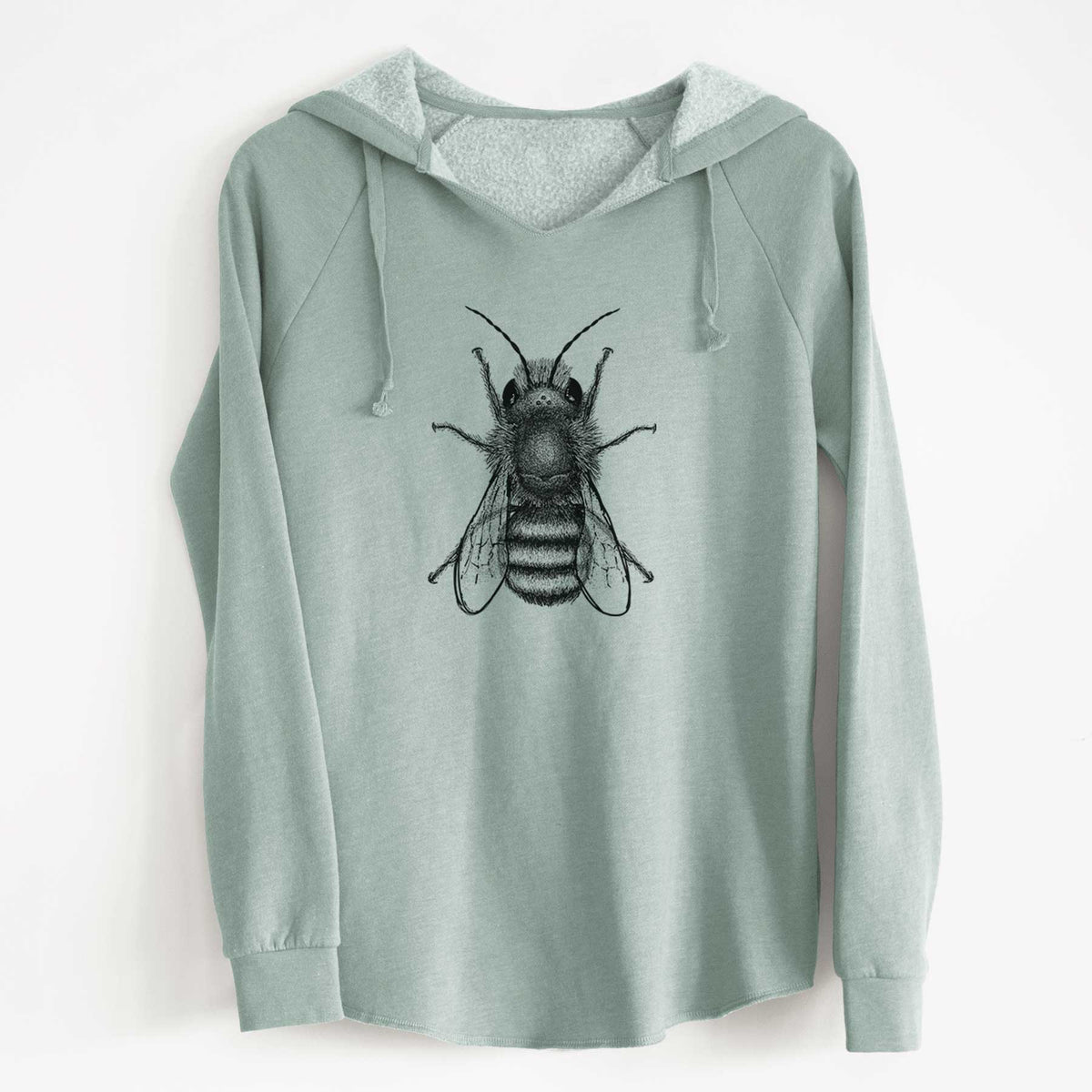Sage green women's Cali Wave hooded sweatshirt laid flat, printed with a detailed black ink illustration of a red mason bee with its wings spread, seen from above.