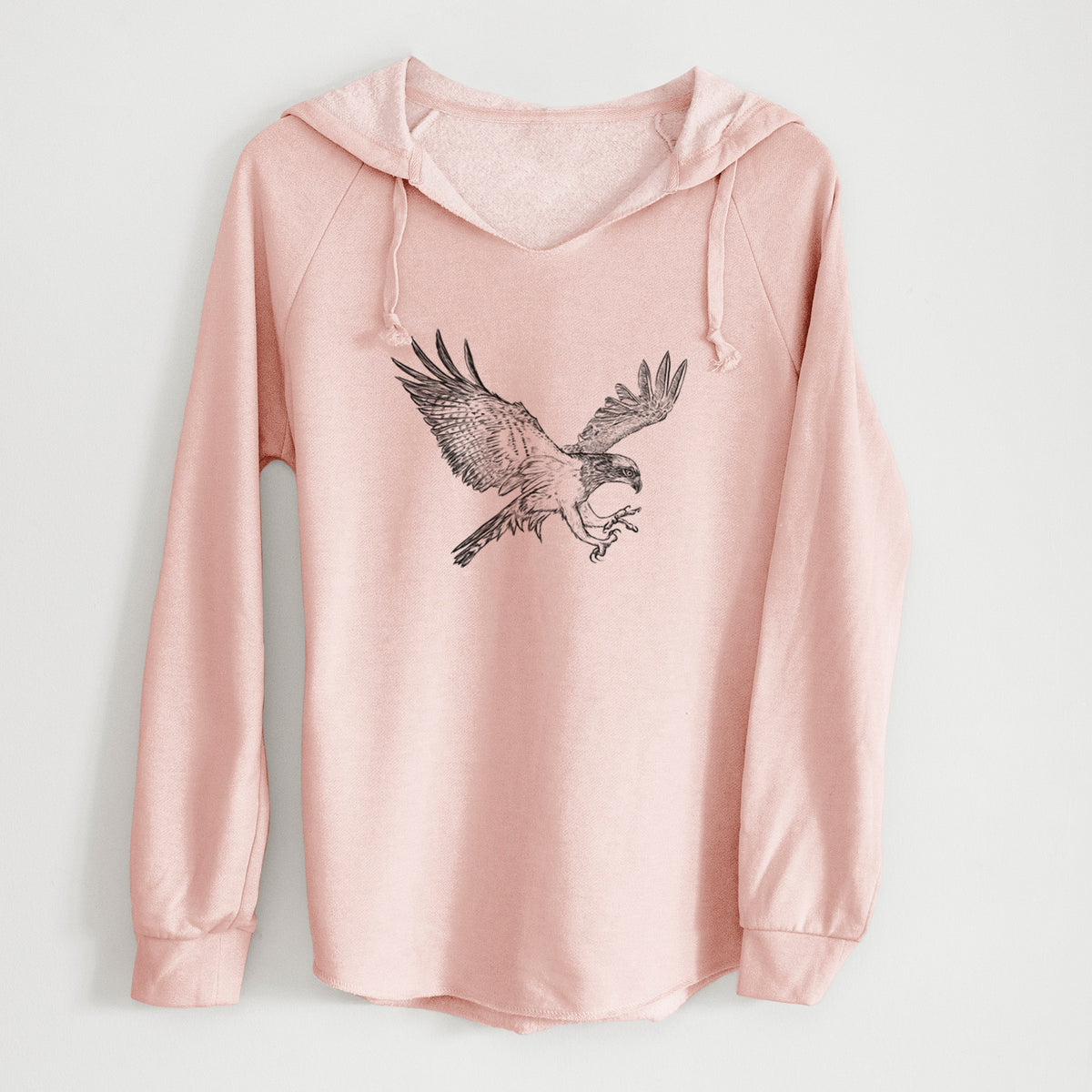 Blush pink women's Cali Wave hooded sweatshirt laid flat, printed with a black ink illustration of an osprey in flight with its wings spread.