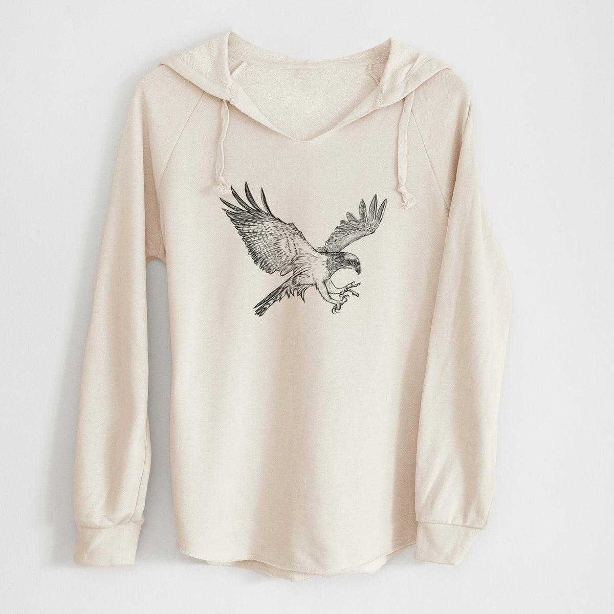 Bone cream women's Cali Wave hooded sweatshirt laid flat, printed with a black ink illustration of an osprey in flight with its wings spread.