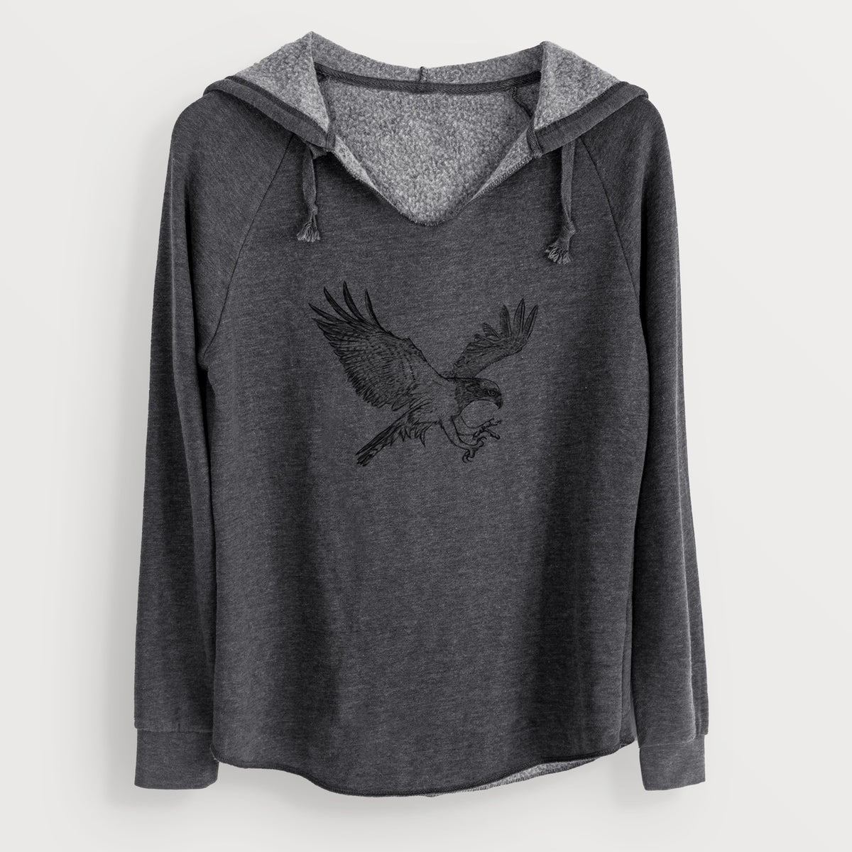 Charcoal grey women's Cali Wave hooded sweatshirt laid flat, printed with a black ink illustration of an osprey in flight with its wings spread.