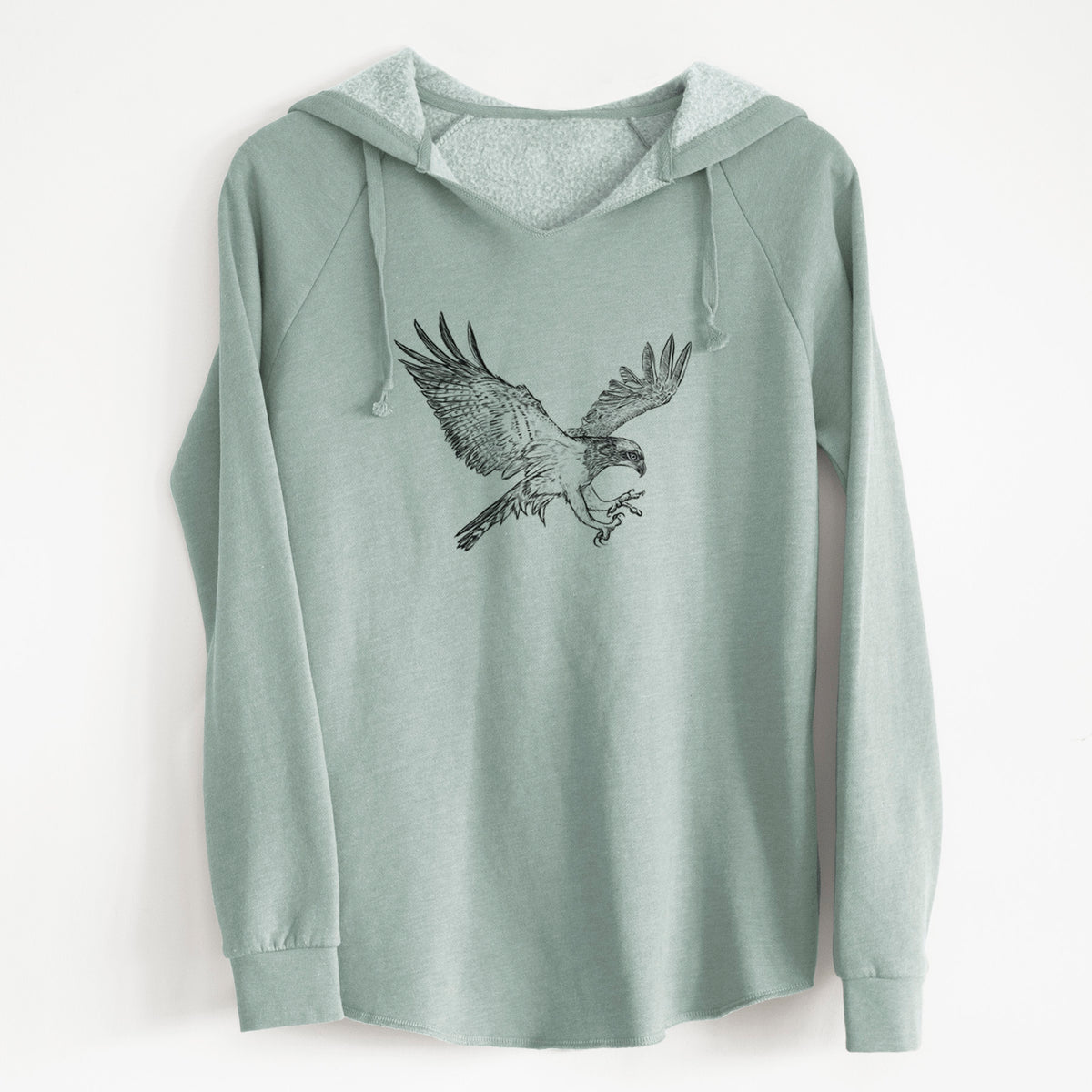 Sage green women's Cali Wave hooded sweatshirt laid flat, printed with a black ink illustration of an osprey in flight with its wings spread.