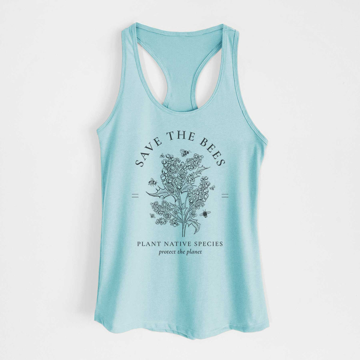 Cancun blue women's racerback tank top laid flat, printed with a black ink wildflower bouquet with bees, framed by the words Save the Bees, Plant Native Species.