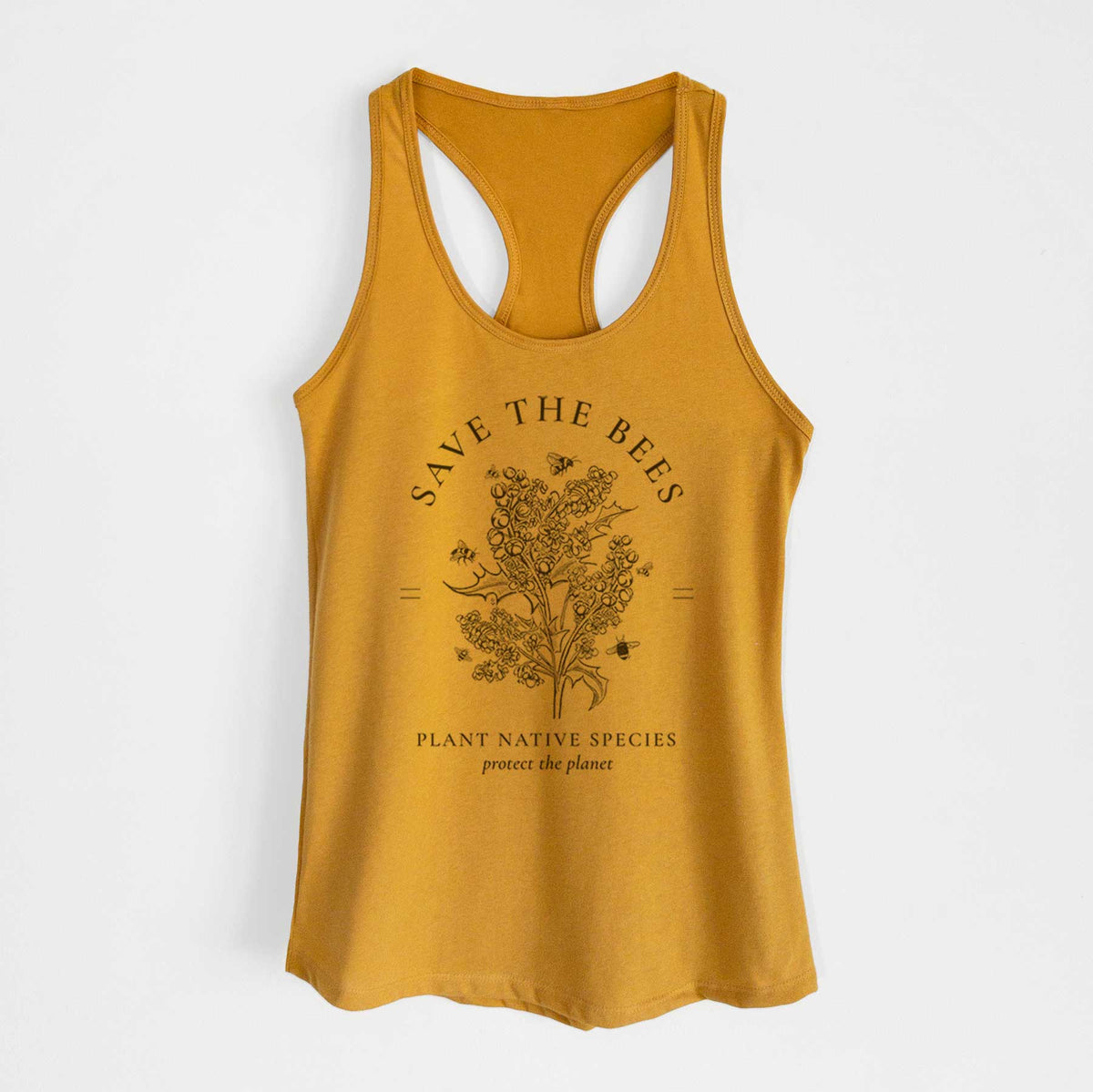 Gold women's racerback tank top laid flat, printed with a black ink wildflower bouquet with bees, framed by the words Save the Bees, Plant Native Species.