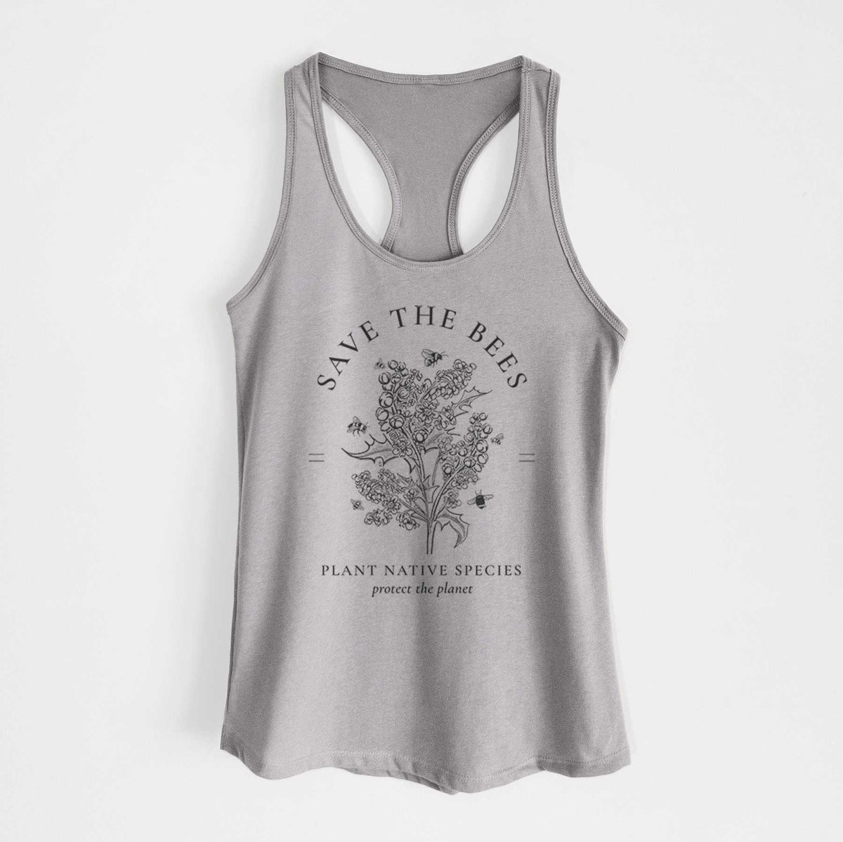 Heather grey women's racerback tank top laid flat, printed with a black ink wildflower bouquet with bees, framed by the words Save the Bees, Plant Native Species.