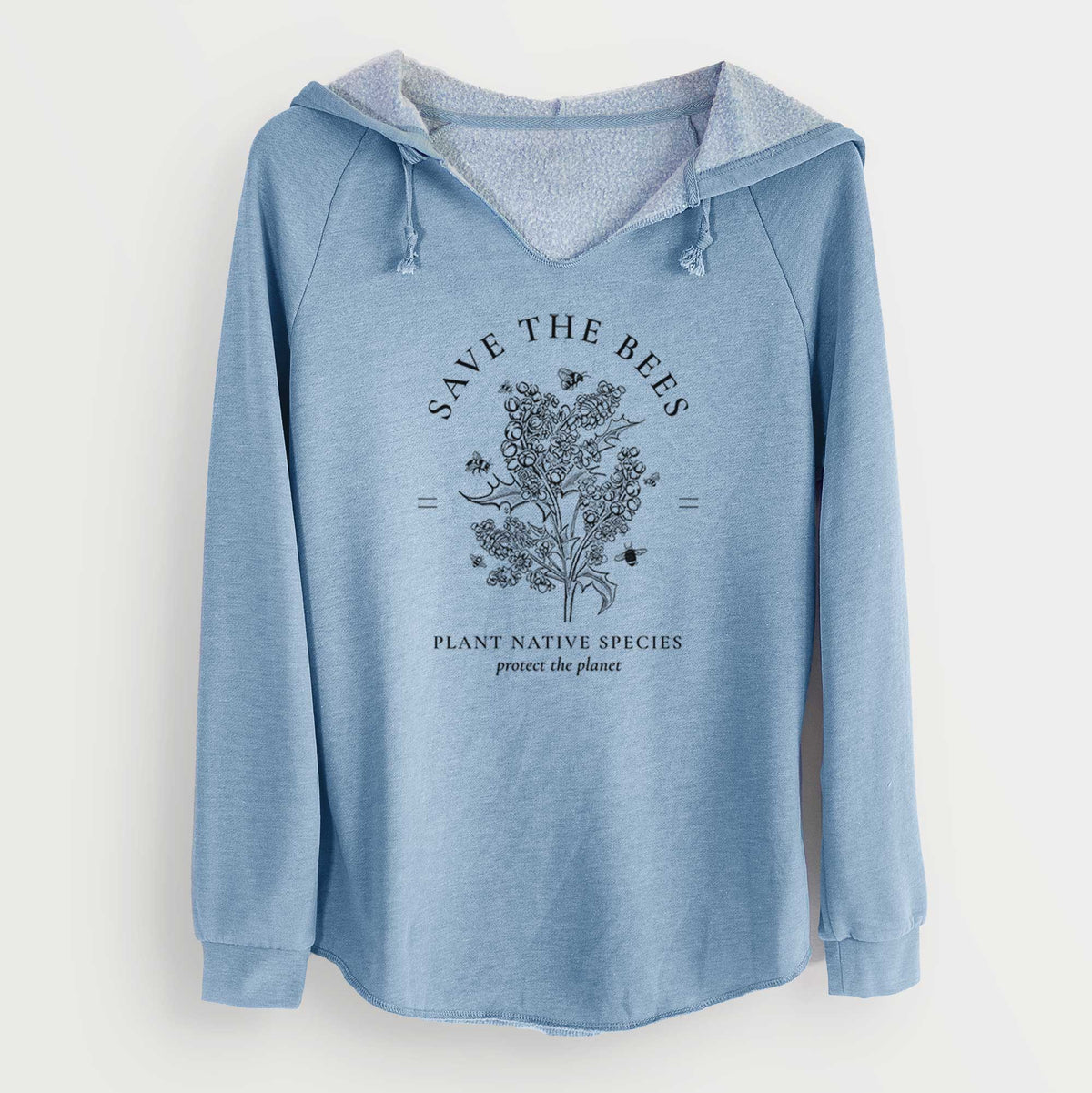 Misty blue women's Cali Wave hooded sweatshirt laid flat, printed with a black ink wildflower bouquet with bees, framed by the words Save the Bees, Plant Native Species.