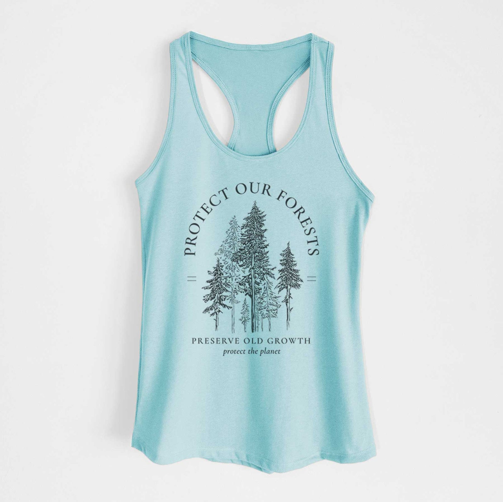 Banana cream women's racerback tank top laid flat, printed with a black ink illustration of a stand of tall pine trees, framed by the words Protect Our Forests, Preserve Old Growth.