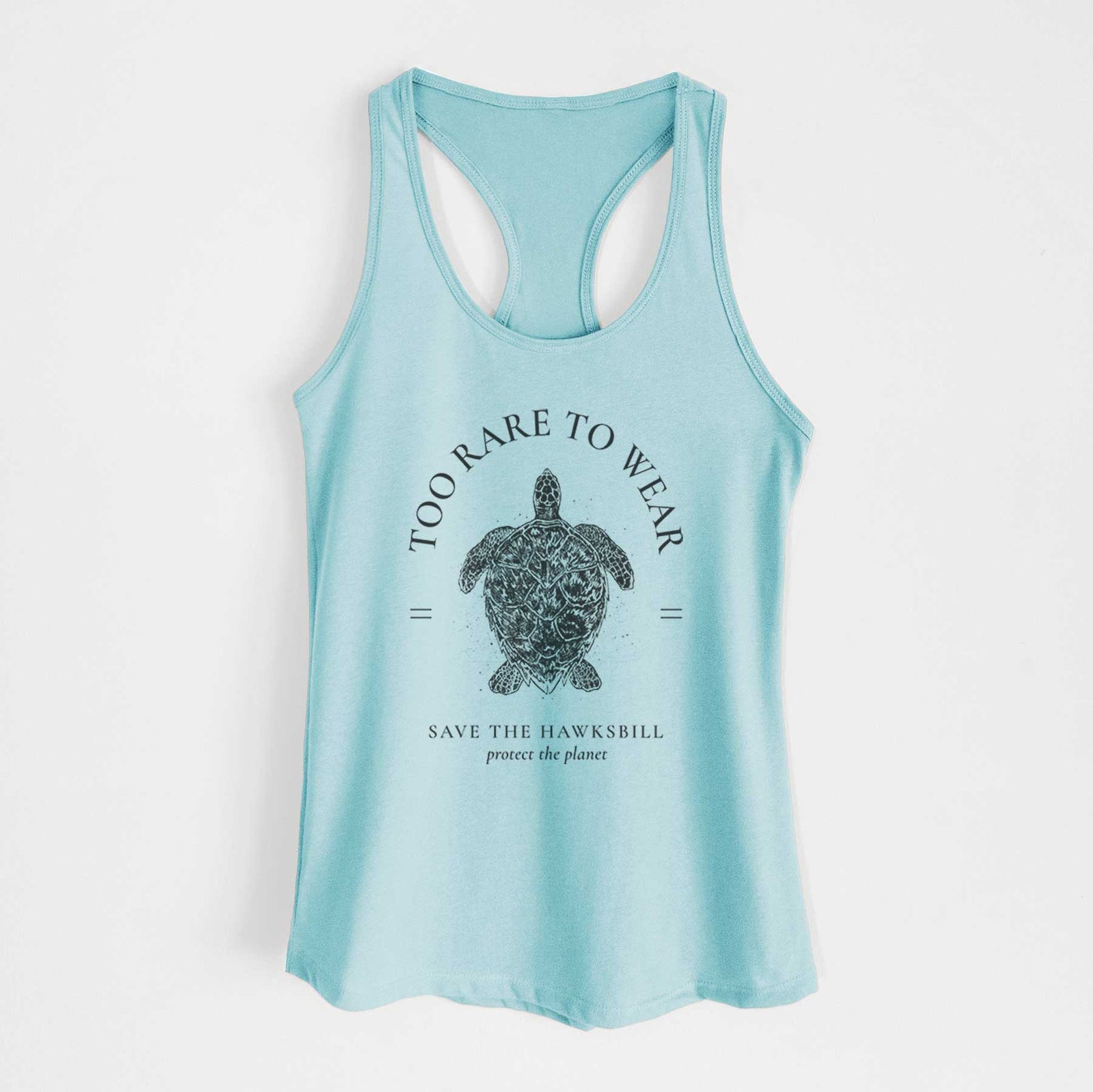 Banana cream women's racerback tank top laid flat, printed with a black ink hawksbill sea turtle framed by the words Too Rare to Wear, Save the Hawksbill.