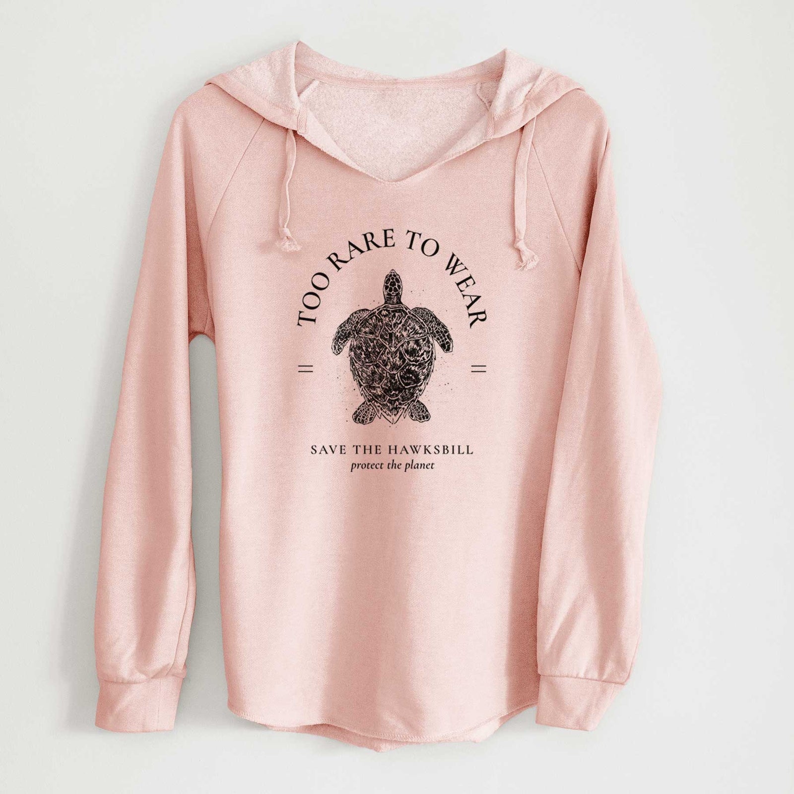 Sage green women's Cali Wave hooded sweatshirt laid flat, printed with a black ink hawksbill sea turtle framed by the words Too Rare to Wear, Save the Hawksbill.