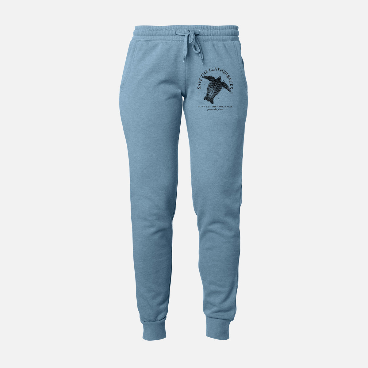 Front of misty blue Cali Wave sweatpants, printed with a black ink leatherback sea turtle framed by the words Save the Leatherbacks, Don't Let Them Disappear on the leg.