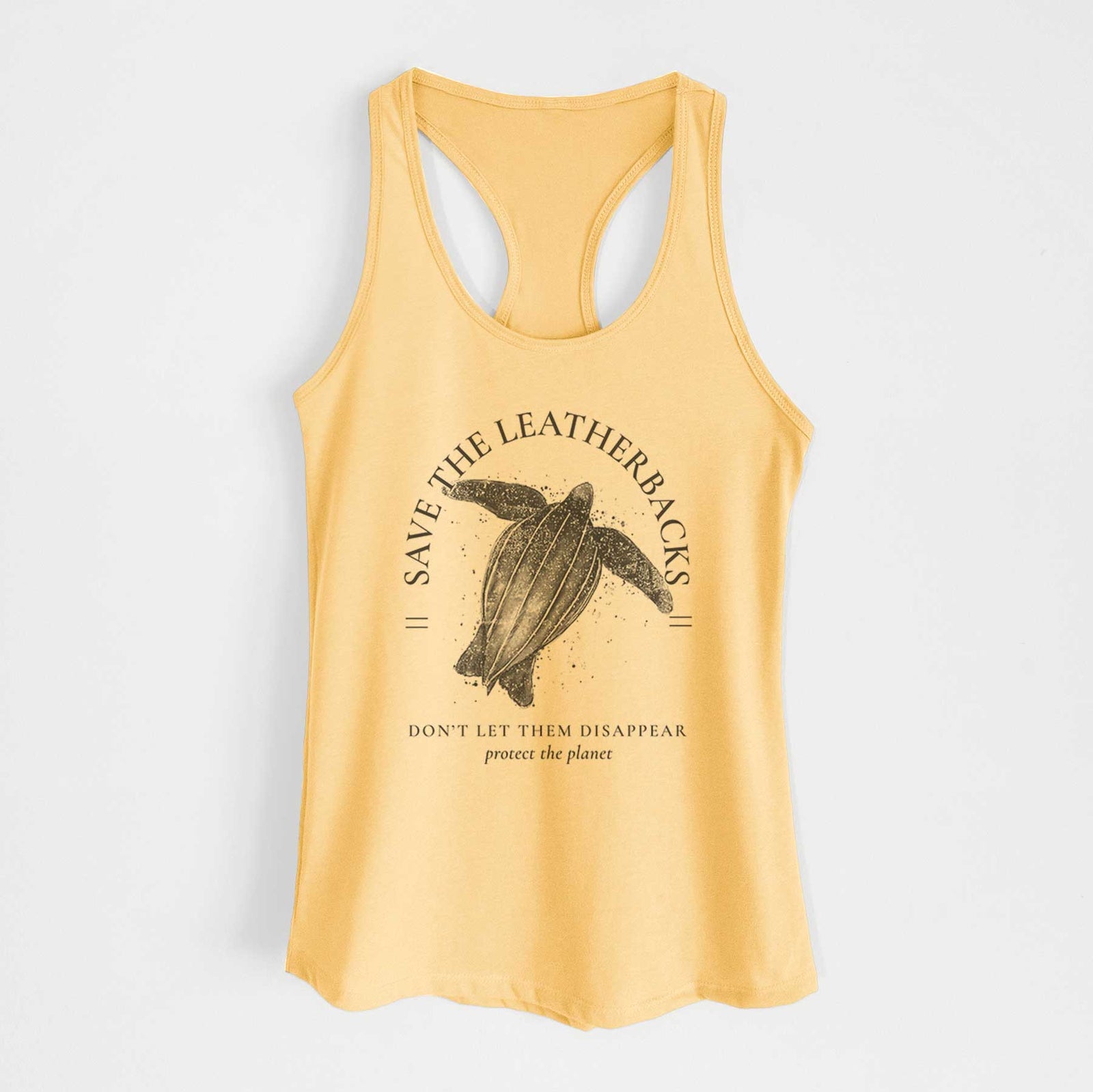 Banana cream women's racerback tank top laid flat, printed with a black ink leatherback sea turtle framed by the words Save the Leatherbacks, Don't Let Them Disappear.