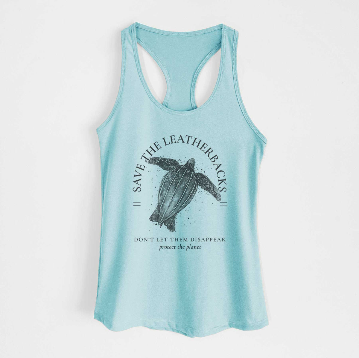 Cancun blue women's racerback tank top laid flat, printed with a black ink leatherback sea turtle framed by the words Save the Leatherbacks, Don't Let Them Disappear.