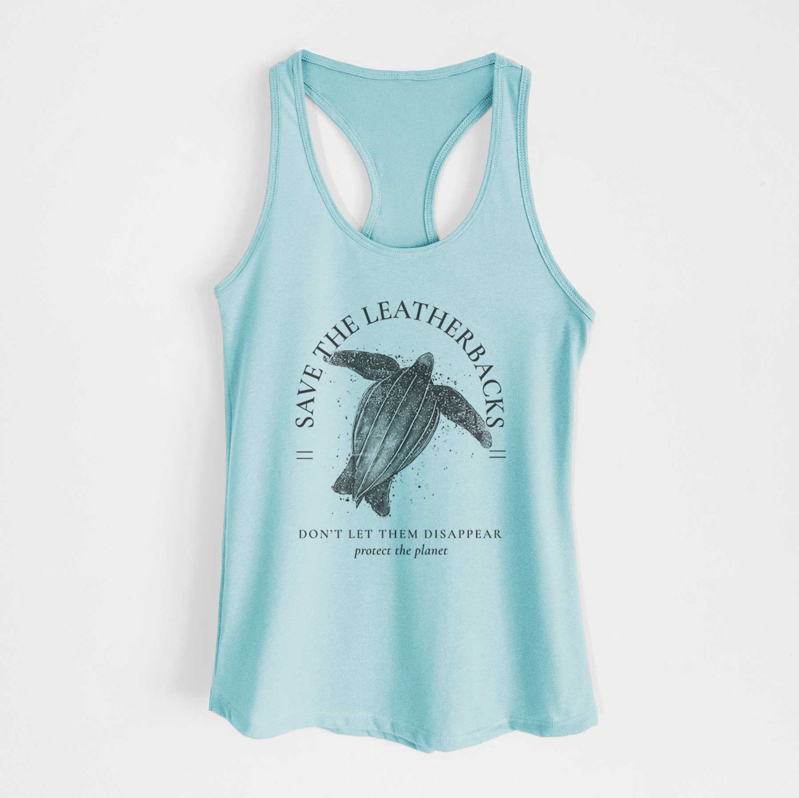 Banana cream women's racerback tank top laid flat, printed with a black ink leatherback sea turtle framed by the words Save the Leatherbacks, Don't Let Them Disappear.