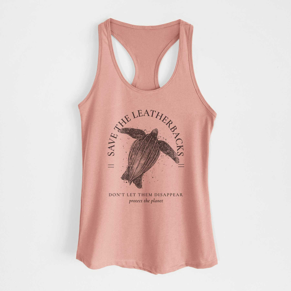 Desert pink women's racerback tank top laid flat, printed with a black ink leatherback sea turtle framed by the words Save the Leatherbacks, Don't Let Them Disappear.