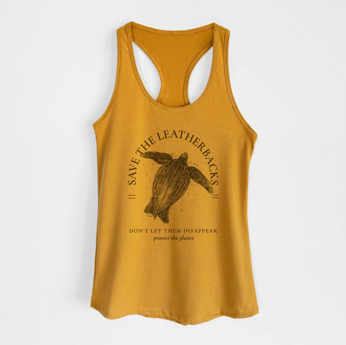 Gold women's racerback tank top laid flat, printed with a black ink leatherback sea turtle framed by the words Save the Leatherbacks, Don't Let Them Disappear.